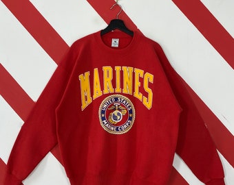 Vintage 90s USMC Marine Corps Sweatshirt USMC Crewneck United State Marine Corps Sweater Pullover Military USMC Print Logo Red XLarge