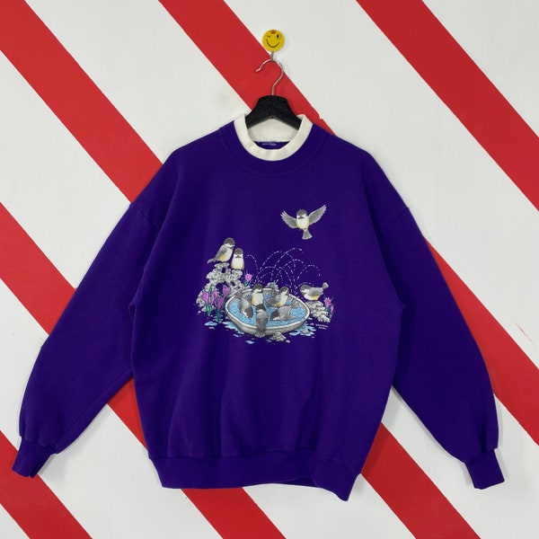 Vintage 90s Morning Sun Bird Sweatshirt Cat Crewneck Cute Cat Sweater Pullover Morning Sun Animal Bird Lover Print Logo Blue Size Large
