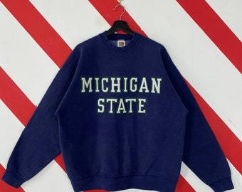 Vintage 90s Michigan State University Sweatshirt Michigan Crewneck Michigan Spartans Sweater Michigan Spartans Patch Logo Blue XLarge