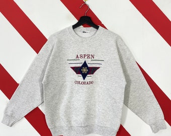Vintage 90s Aspen Sweatshirt Aspen Crewneck Aspen Winternational Sweater Pullover Aspen Colorado Ski Resort Embroidered Logo Grey Small