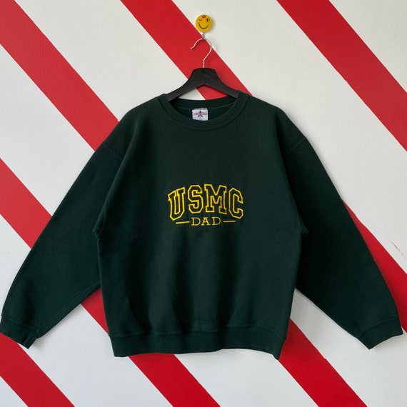 Vintage 90s USMC Marine Corps Sweatshirt Crewneck United State Marine Corps Sweater Pullover Military USMC Embroidery Logo Green Size Large
