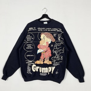 Vintage 90s Grumpy Sweatshirt Grumpy Crewneck Dopey Sneezy Sleepy Sweater Pullover Disney Snow White Seven Dwarf Print Logo Black Large