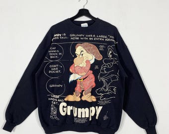 Vintage 90s Grumpy Sweatshirt Grumpy Crewneck Dopey Sneezy Sleepy Sweater Pullover Disney Snow White Seven Dwarf Print Logo Black Large