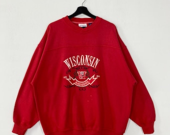 Vintage University Wisconsin Sweatshirt Crewneck Pullover Wisconsin Badgers Embroidered Logo RED XLarge