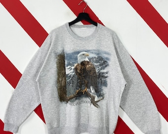 Vintage Eagle Sweatshirt Alaska Crewneck Outdoor Outfitters Sweater Pullover American Outdoors Eagle Bear Wolf Print Logo Grey XLarge