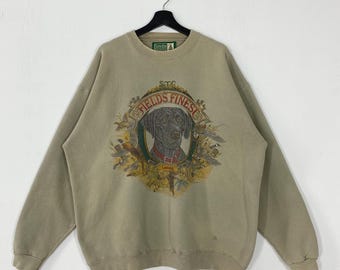 Sudadera vintage de los años 90 para exteriores, con cuello redondo, para perro, pez, lubina, fauna silvestre, ciervo, perro, lobo, estampado del logotipo, marrón, XL