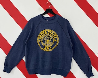 Vintage 80s US Navy Sweatshirt US Navy Crewneck United State Navy Sweater Pullover Military United State Navy Print Logo Blue Size Small