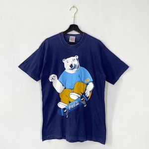 Vintage 90s Coca Cola T-Shirt Skateboard Bear Single Stitch Print Logo Blue Large