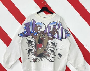 Vintage jaren '90 Looney Tunes Sweatshirt Tweety Crewneck Bugs Bunny Sweater Pullover Cartoon Tasmaanse Duivel Coyote Print Logo Wit XLarge