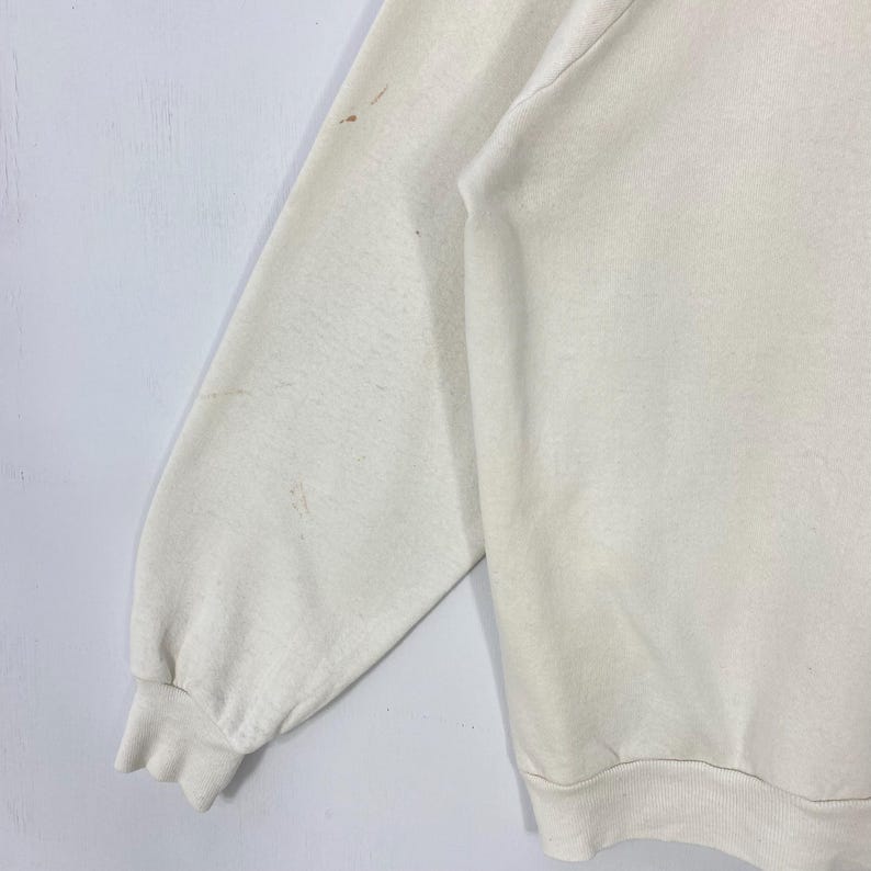 Pu&ograve; includere: Felpa color crema con polsini e orlo a coste. La manica presenta diverse macchie marroni. Il tessuto sembra essere un materiale morbido a maglia. La felpa &egrave; un capo casual per tutti i giorni.