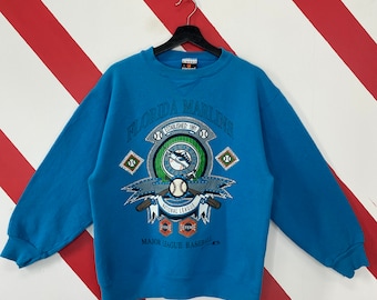 Vintage 90s Florida Marlins Sweatshirt Marlins Crewneck Miami Marlins Sweater Pullover Sportswear MLB Miami Marlins Print Logo Blue Small