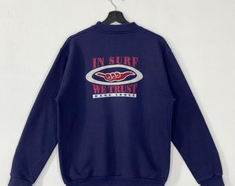 Sudadera holgada vintage de los años 90 con cuello redondo, diseño de surf hawaiano, logotipo bordado en azul, talla mediana