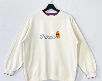 Vintage Winnie The Pooh Sweatshirt Pooh Crewneck Rabbit Kanga Sweater Pullover Eeyore Piglet Tigger Embroidered Logo Cream Medium