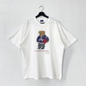 Vintage 90s Polo Ralph Lauren T-Shirt Polo Bear Single Stitch Print Logo White Large