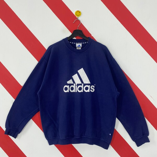 Vintage 90s Adidas Sweatshirt Adidas Crewneck Adidas Sweater Pullover Adidas Equipment Sportswear Adidas Trefoil Print Logo Blue Large