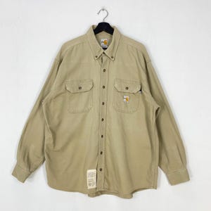 Vintage Carhartt Button Down Shirt Workwear Streetwear Flame Resistant Patch Logo Brown XLarge