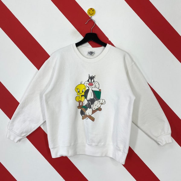 Vintage 90s Warner Bros Sweatshirt Sylvester Crewneck Bugs Bunny Tweety Sweater Cartoon Daffy Duck Yosemite Sam Print Logo White Small