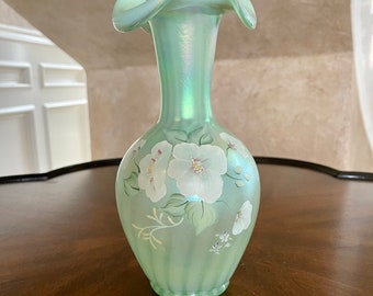 Fenton Art Glass Green Honeycomb Bubble Optic Vase R128