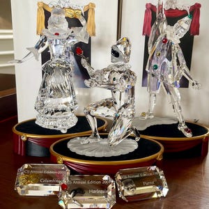 9 Pc. Set Swarovski Crystal Masquerade Mint Condition Original Boxes; Swarovski Silver Crystal 1999 Pierrot, 2000 Columbine, 2001 Harlequin