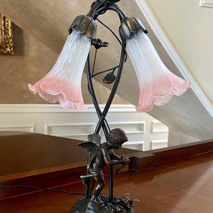 Bronze Sculpture Cupid Lamp With Two Art Glass Shades
