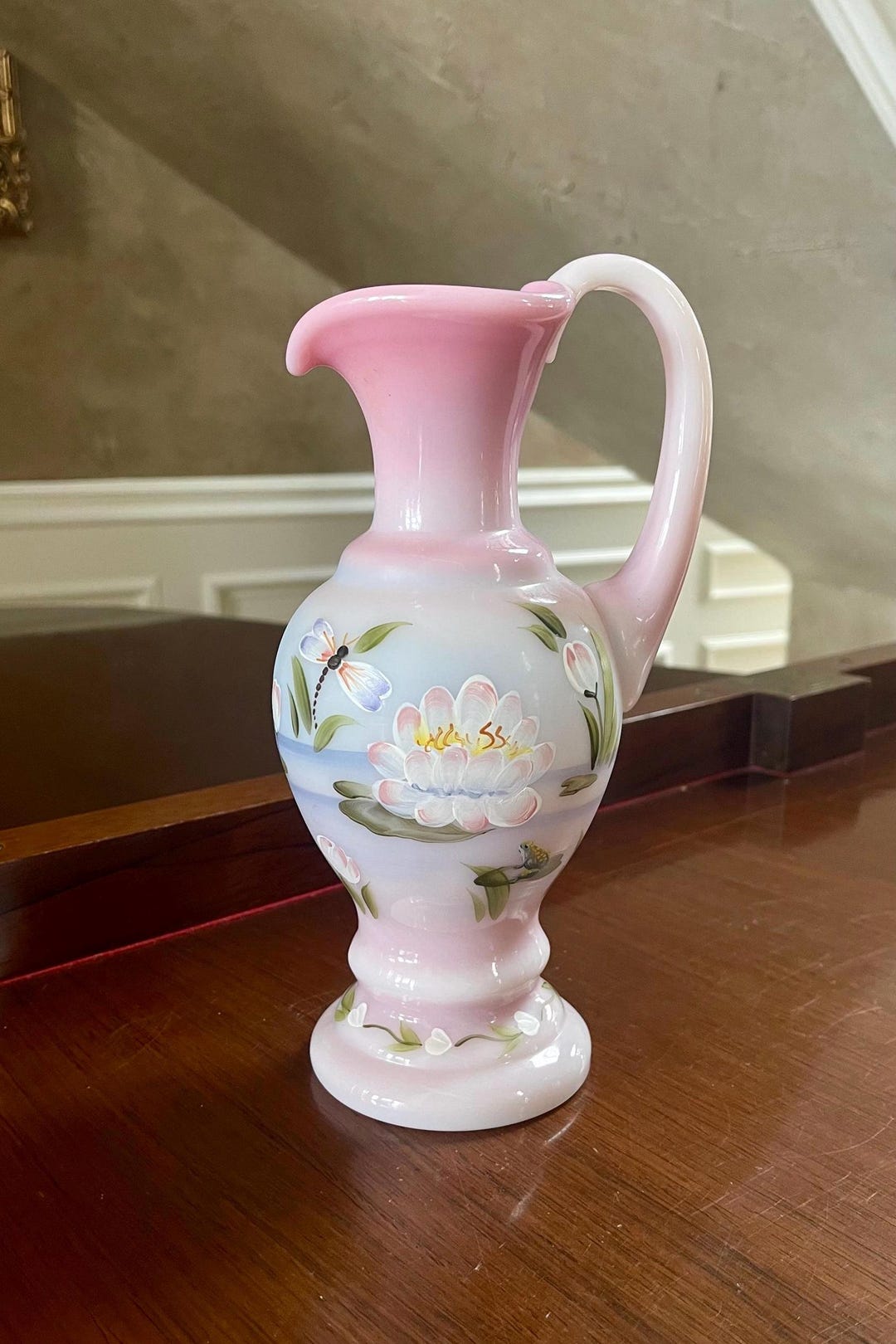 Fenton Rosalene Glass Hand Painted Pitcher Vase; Fenton Hand