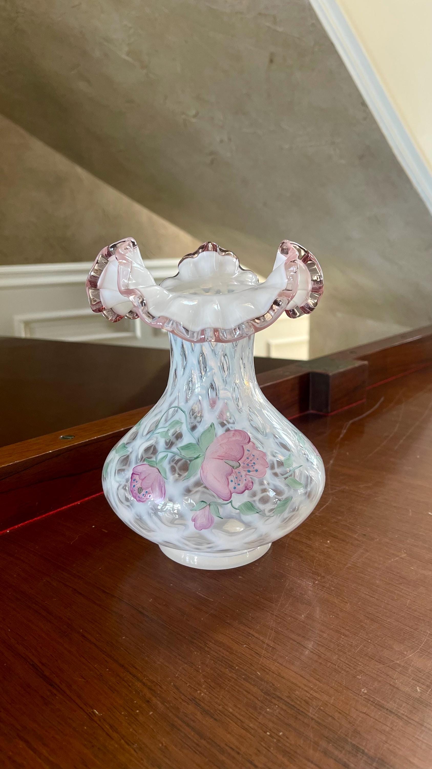 Fenton Glass French Opalescent Optic Trellis Hand Painted Vase - Etsy