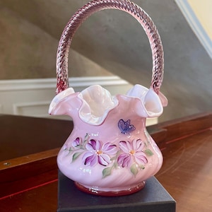 Fenton Glass Butterfly Hand Painted Dusty Rose Pink Overlay Basket
