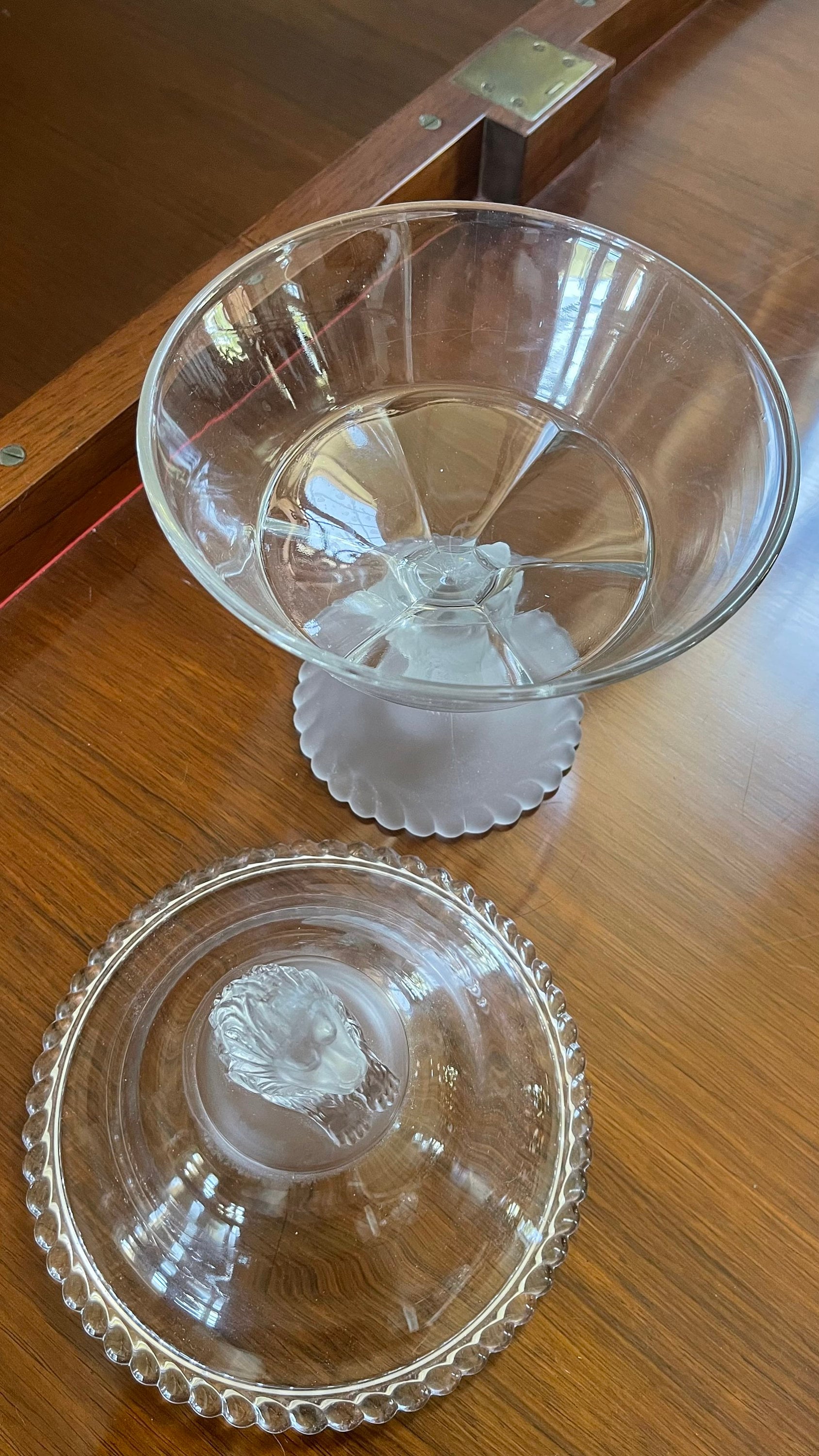 Antique Gillinder and Sons 13” Frosted Lion Candy Dish
