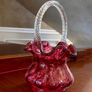 Beautiful Fenton Glass Cranberry Coin Dot Optic Basket
