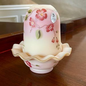 Fenton Gold Treasures Collection Uranium Burmese Glass Hand Painted Fairy Lamp