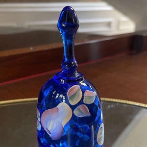 Hand Painted Cobalt Blue Fenton Glass Mini Hand Bell; Hand Painted Fenton Bell