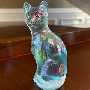 Fenton Turquoise Iridescent Glass Tall Hand Painted Cat; Paperweight; Vintage Fenton Glass Kitten