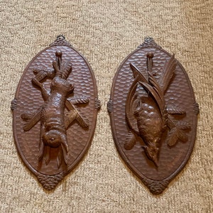 PAIR of Black Forest Hand Carved Wooden Wall Plaques; Antique Black Forest;Vohrenbach Wood Carvings; Hand Carved Black Forest