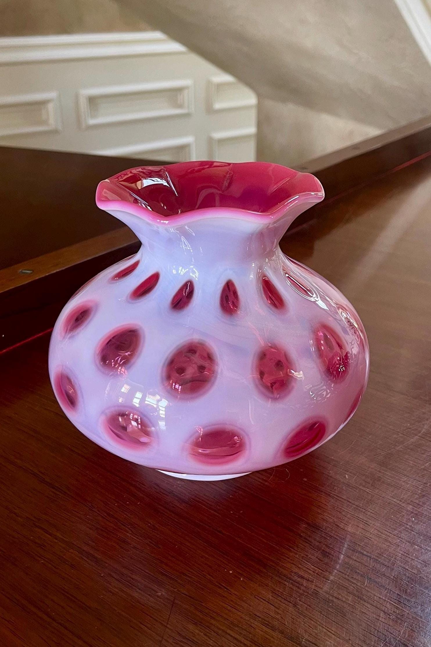 フェントン　オパールセント　ドット　花瓶 ヴィンテージ フェントン クランベリー オパールセント コイン ドット