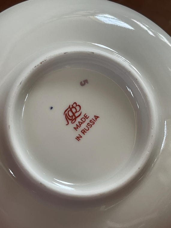 Pair Lomonosov Porcelain Net Blue and White Cup and Saucer Set