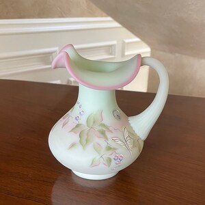 Fenton Glass 95th Anniversary Lotus Mist Burmese Glass Hand Painted Dragonfly Pitcher