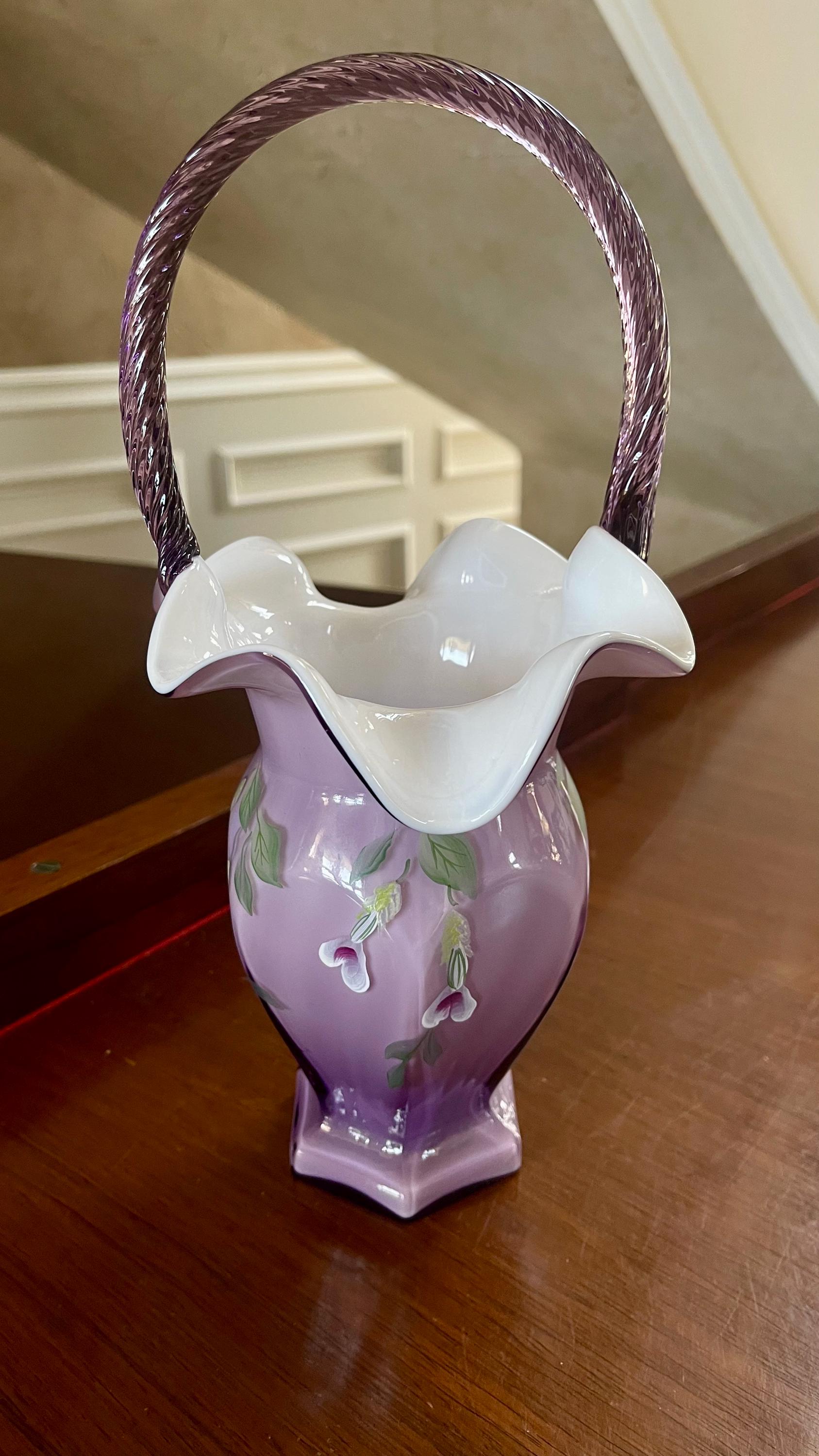 Outstanding Fenton Purple Cased Glass 10.5” Hand Painted Dragonfly