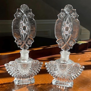 Pair of Vintage Art Deco Crystal 9” Tall Perfume Bottles