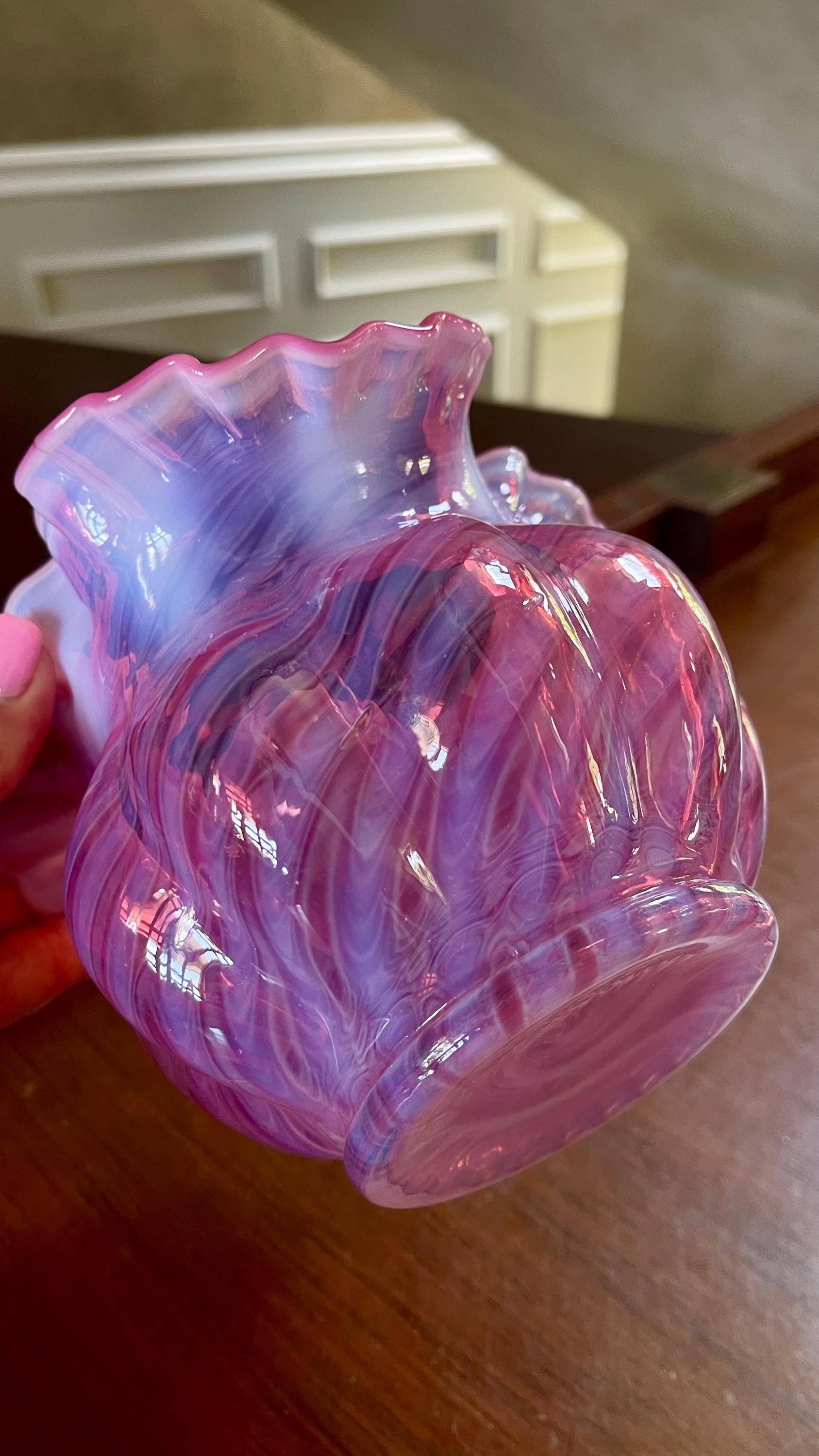 Vintage Fenton Cranberry Opalescent Swirl Optic Rose Bowl; Vintage