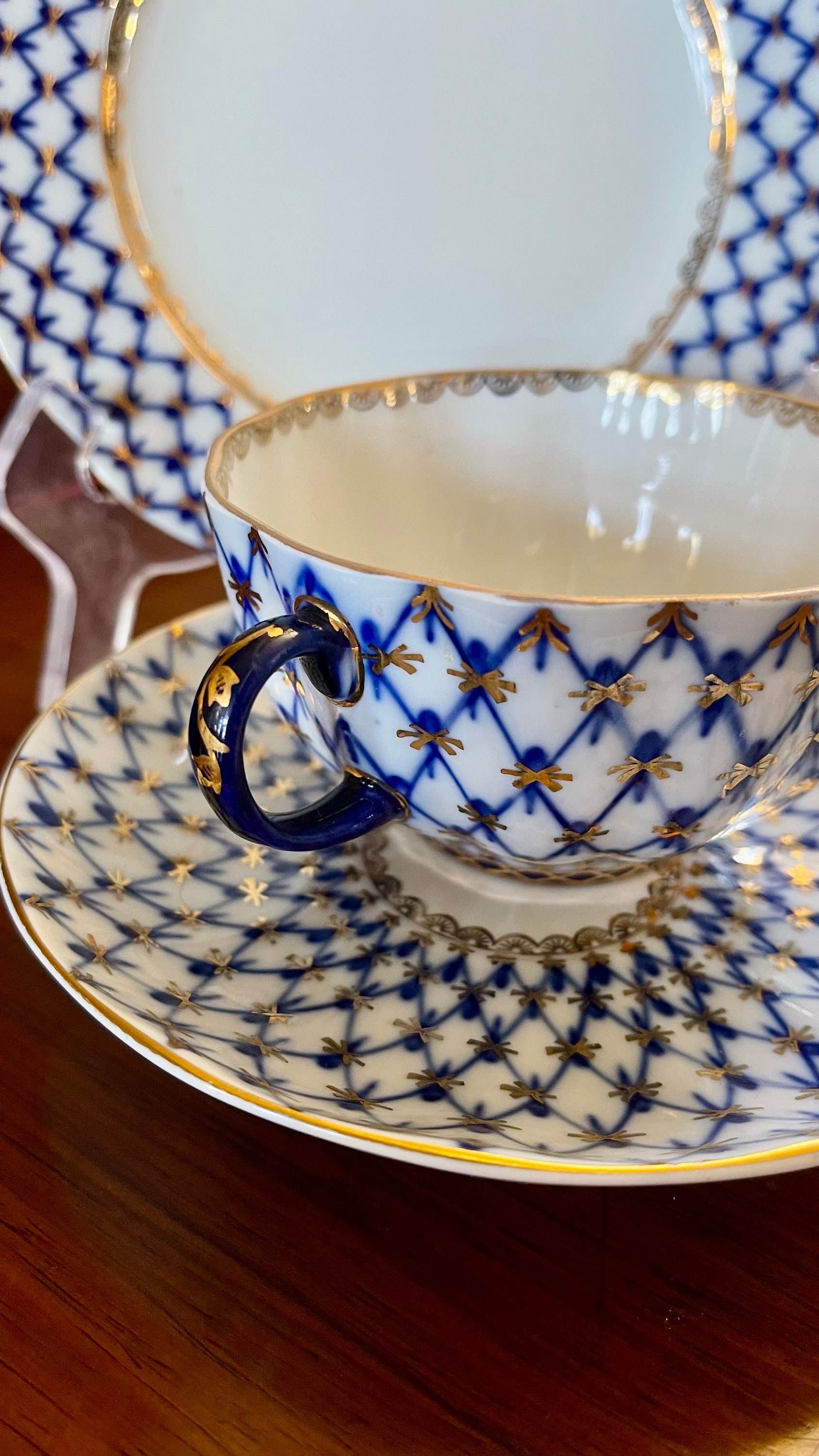 ロモノーソフ LOMONOSOV コバルトネット カップソーサー プレート ペア Russian Imperial Lomonosov Porcelain Cobalt Net Trio Cup and