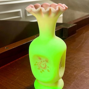 Fenton Burmese Glass 7” Vase; Vintage Uranium Fenton Glass