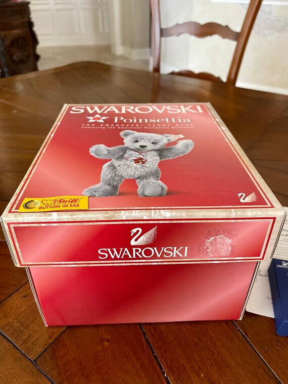 Steiff “poinsettia” 681103 Silver Mohair 10” Bear With Swarovski