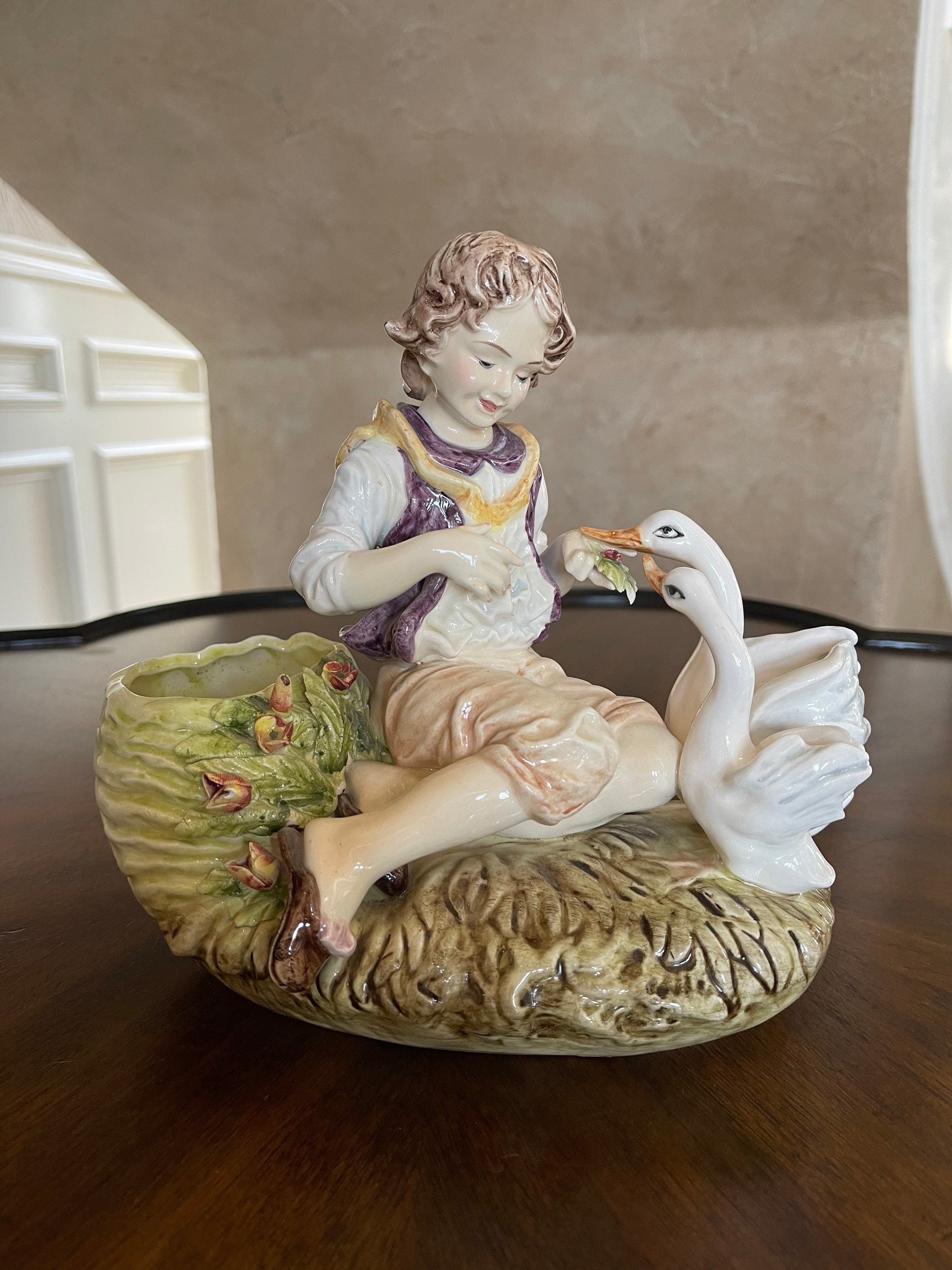 Vintage Original Arnart Creations Porcelain Figurine Planter, Boy Sitting with two Geese; Arnart Creation M4002
