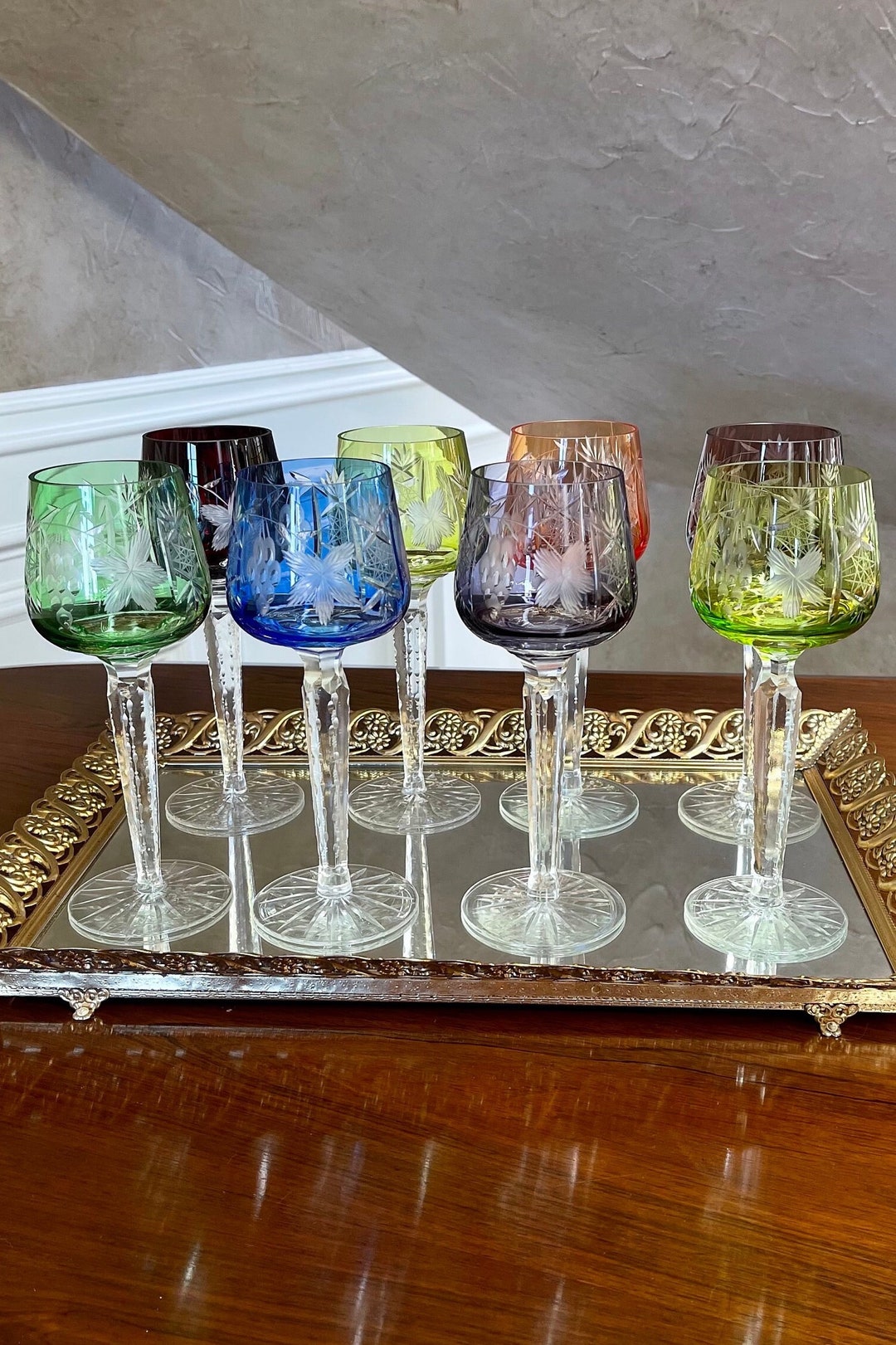 Set of 8 Hand Cut Color Cut to Clear Crystal Marsala Pattern Wine