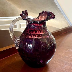 Fenton Plum Glass Coin Dot Optic Pitcher; Vintage Fenton