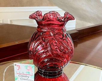 Fenton 7” Country Cranberry Vase; Fenton Hand Blown Glass Vase