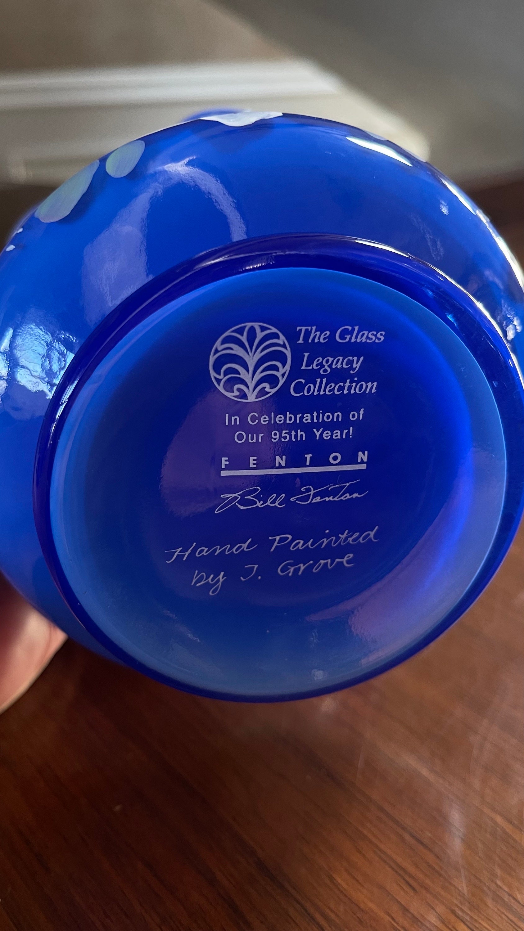 Fenton Blue Cased Glass Hand Painted Basket Legacy Collection 95th