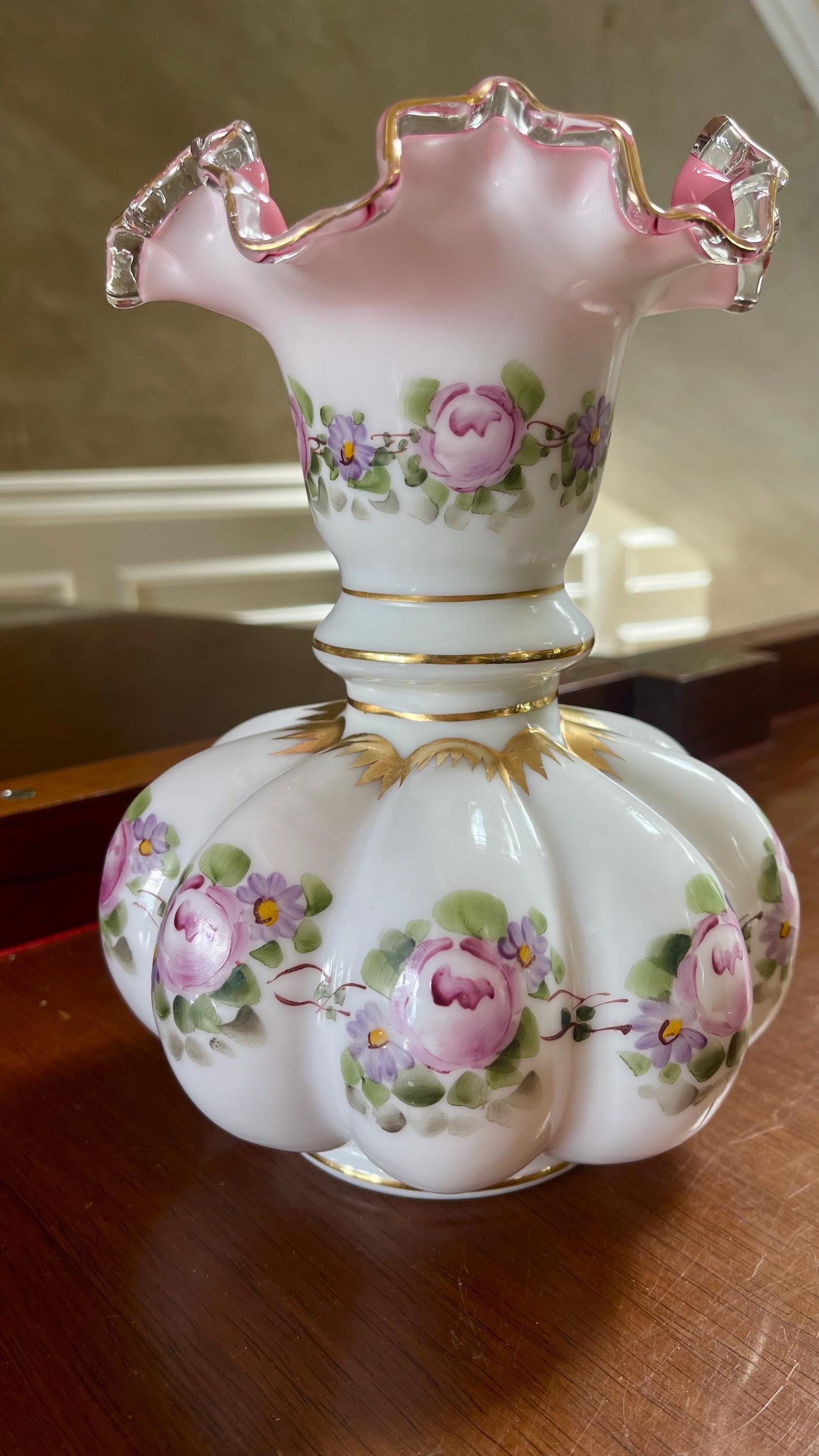 Fenton Hand Painted 1940's Charleton Rose Melon Vase - Etsy