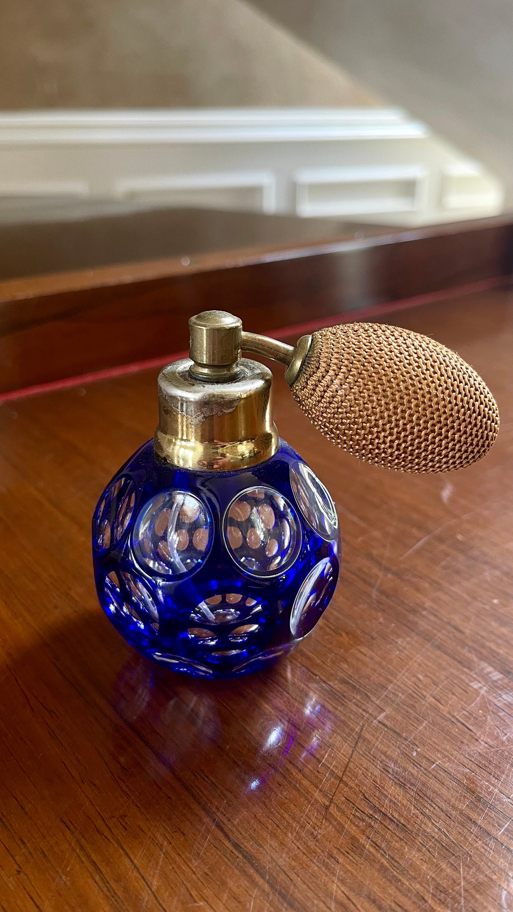 Hand Cut Crystal Cobalt Blue Cut to Clear Perfume Bottle; Bohemia Czech Republic; Bohemian Glass Perfume Bottle