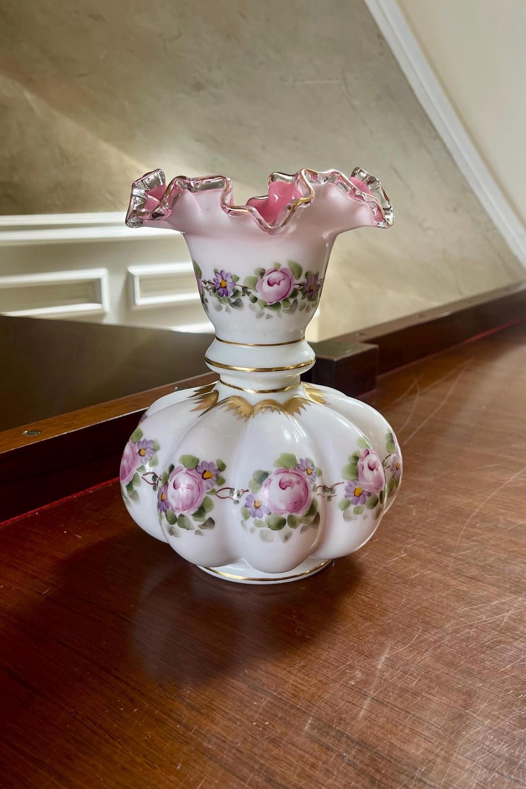 Fenton Hand Painted 1940's Charleton Rose Melon Vase - Etsy